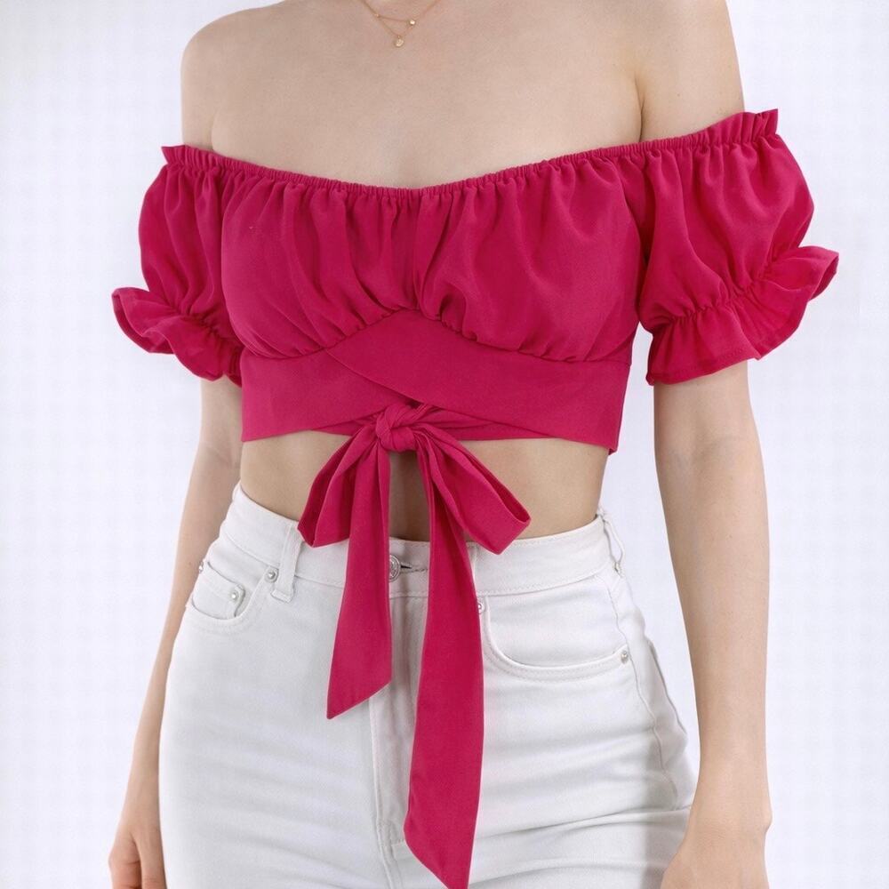 Women’s Off-Shoulder Front Tie Crop Top Pink Puff Sleeve Wrap Style Blouse XS